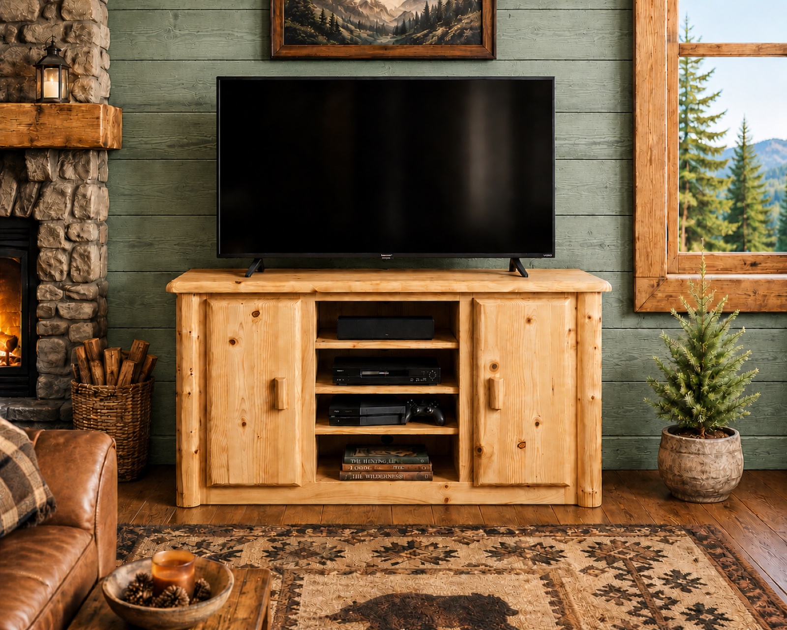AI-assisted product lifestyle scene featuring a rustic wood television console