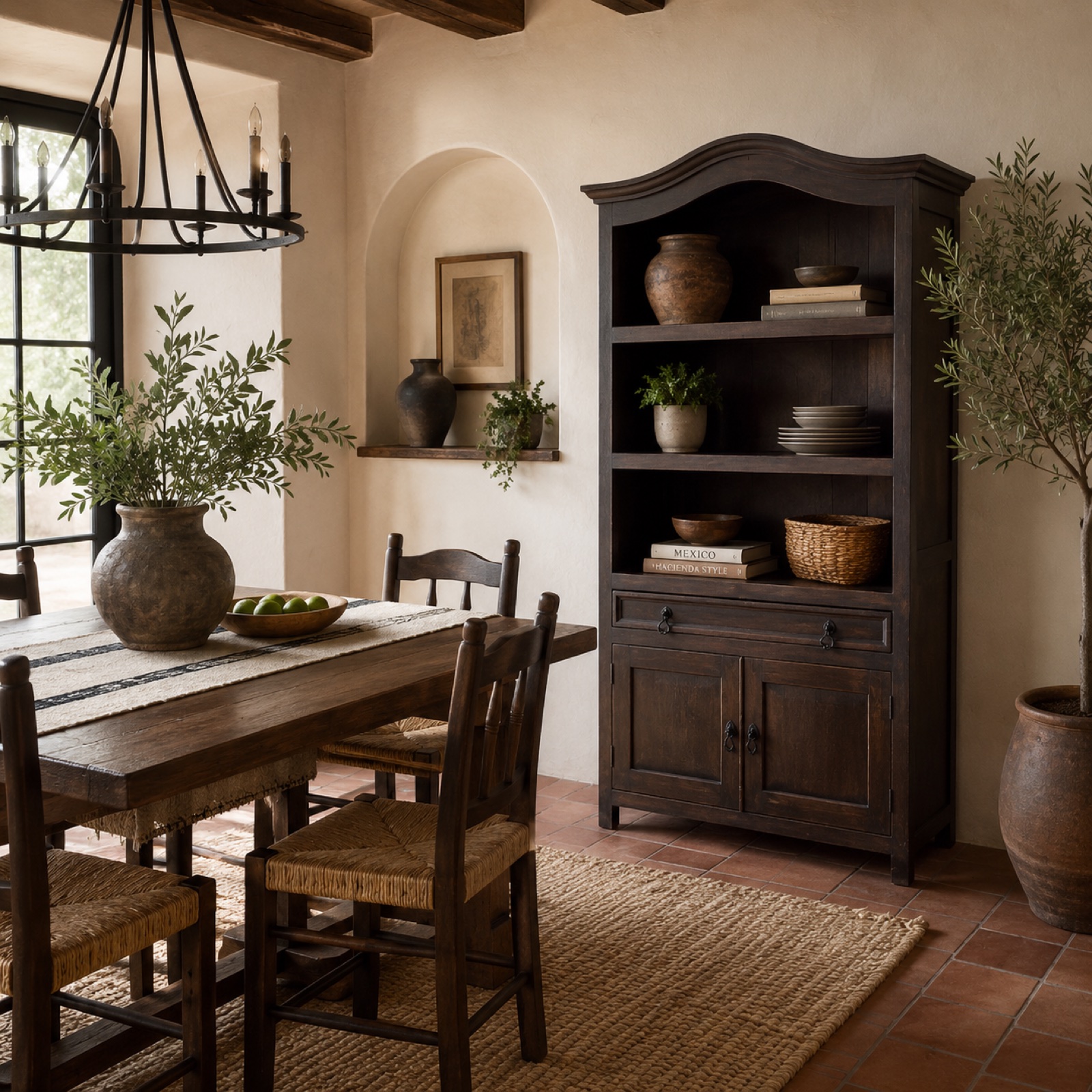 AI-assisted product lifestyle scene featuring a dark wood dining hutch
