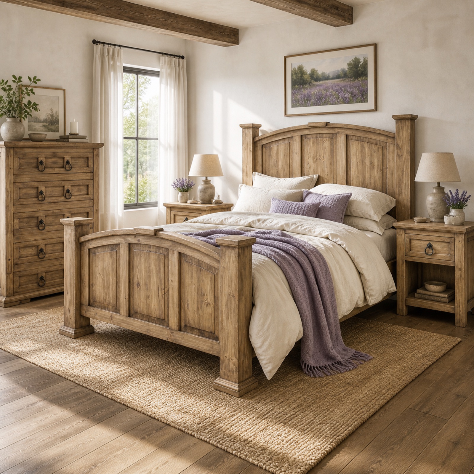 AI-assisted product lifestyle scene featuring a rustic wood bedroom collection