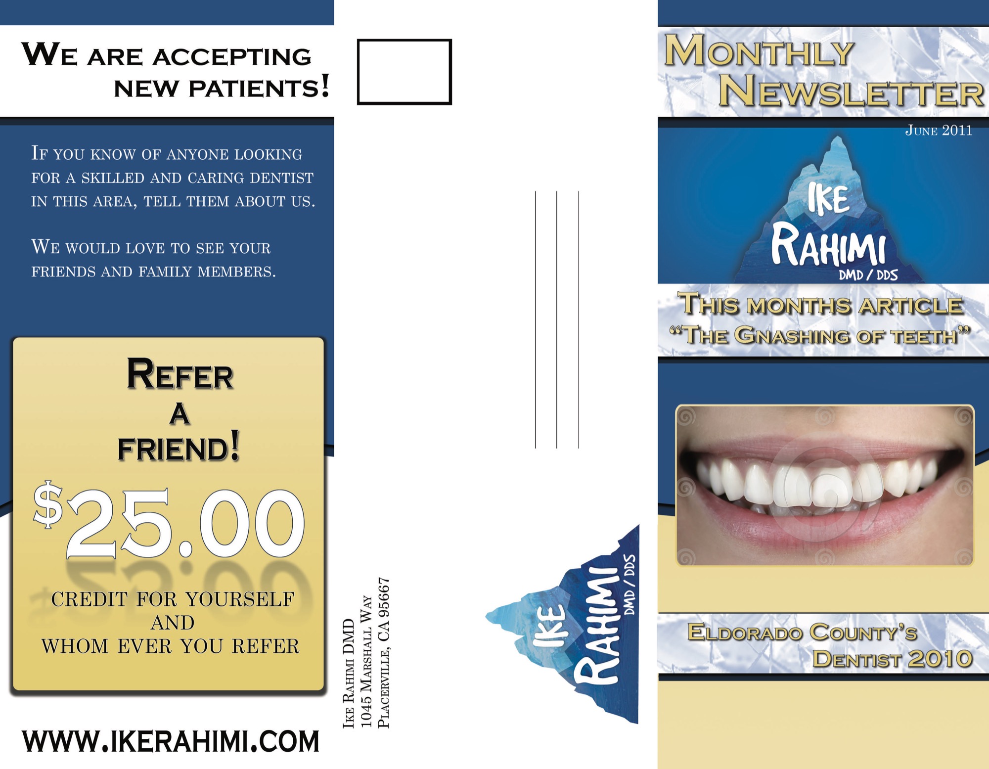 Outside panels of a dental practice tri-fold newsletter and referral mailer