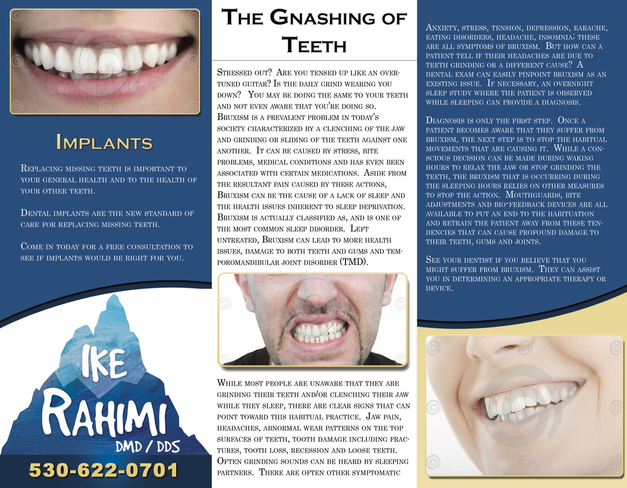 Inside panels of a dental practice newsletter featuring oral-health articles