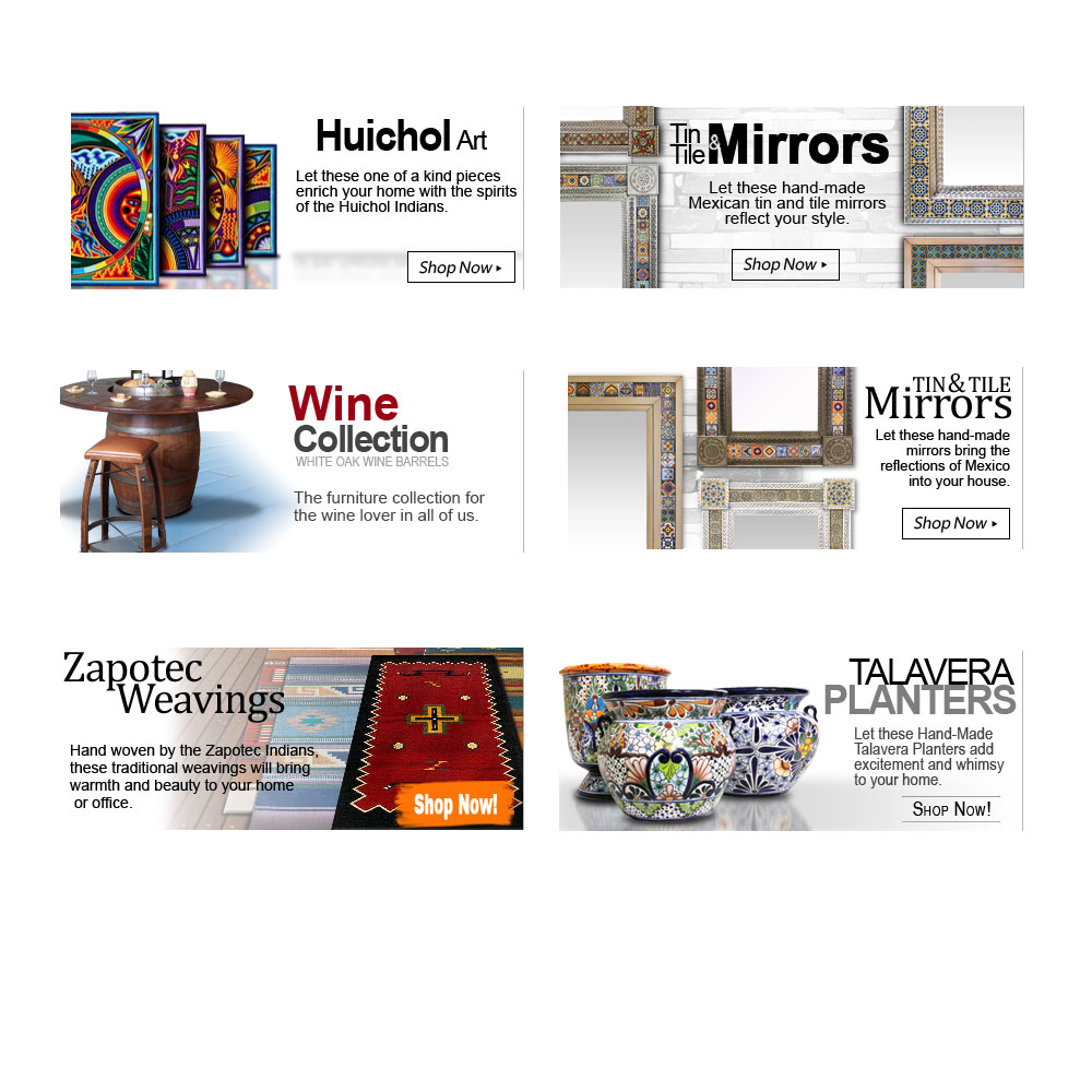 Overview board of digital banners for Mexican art, furniture, pottery, and home decor