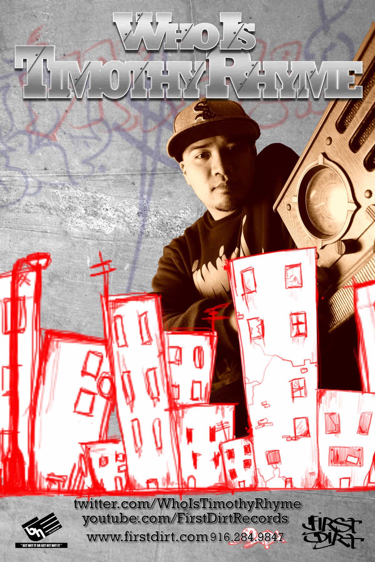 Who is Timothy Rhyme promotional flyer with hand-drawn city illustration