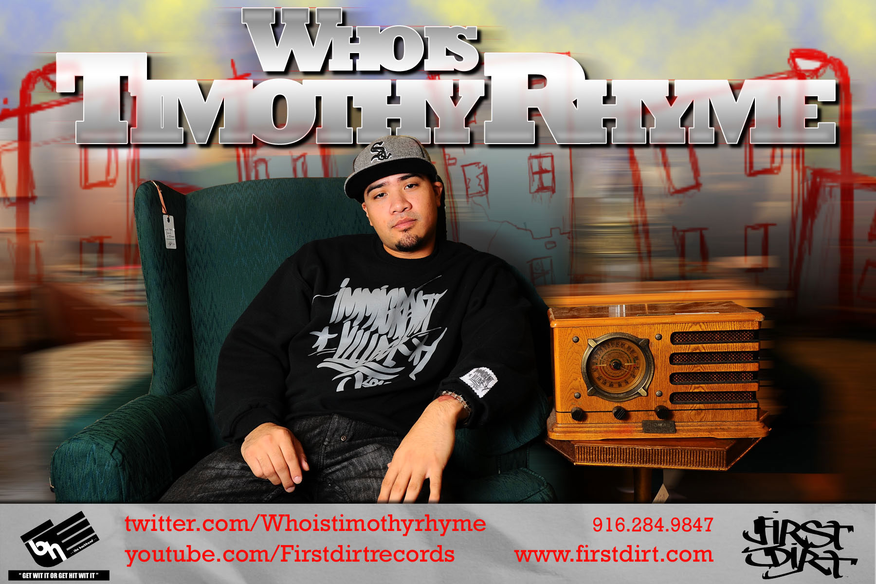 Timothy Rhyme album-release flyer with portrait and vintage radio